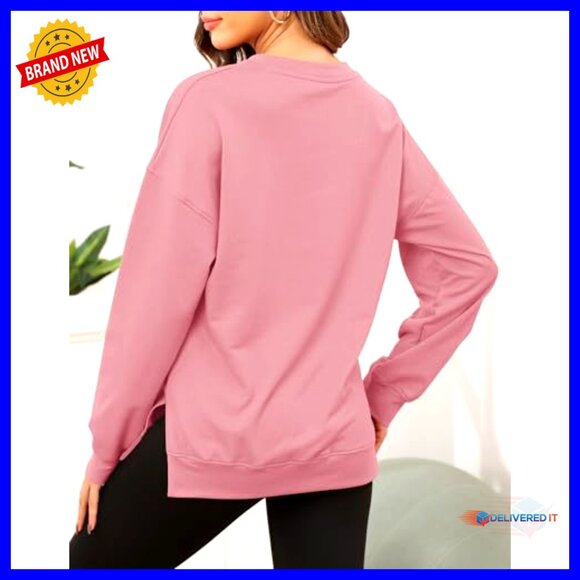 Women's Crewneck Sweatshirt Tunic Top Long Sleeve Side Split Relaxed Fit - Picture 3 of 5